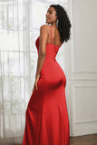 Spaghetti Straps Satin Ruched Formal Evening Dresses with Slit Sheath Prom Party Gowns