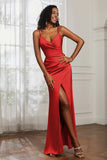 Spaghetti Straps Satin Ruched Formal Evening Dresses with Slit Sheath Prom Party Gowns