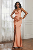 Spaghetti Straps Satin Ruched Formal Evening Dresses with Slit Sheath Prom Party Gowns