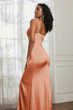 Spaghetti Straps Satin Ruched Formal Evening Dresses with Slit Sheath Prom Party Gowns