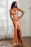 Spaghetti Straps Satin Ruched Formal Evening Dresses with Slit Sheath Prom Party Gowns