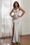 Spaghetti Straps Satin Ruched Formal Evening Dresses with Slit Sheath Prom Party Gowns