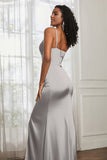 Spaghetti Straps Satin Ruched Formal Evening Dresses with Slit Sheath Prom Party Gowns