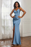 Spaghetti Straps Satin Ruched Formal Evening Dresses with Slit Sheath Prom Party Gowns