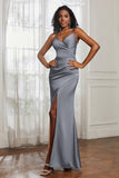 Spaghetti Straps Satin Ruched Formal Evening Dresses with Slit Sheath Prom Party Gowns