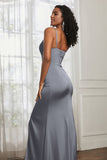 Spaghetti Straps Satin Ruched Formal Evening Dresses with Slit Sheath Prom Party Gowns