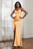 Spaghetti Straps Satin Ruched Formal Evening Dresses with Slit Sheath Prom Party Gowns