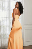 Spaghetti Straps Satin Ruched Formal Evening Dresses with Slit Sheath Prom Party Gowns