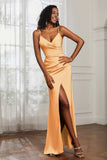 Spaghetti Straps Satin Ruched Formal Evening Dresses with Slit Sheath Prom Party Gowns