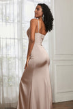 Spaghetti Straps Satin Ruched Formal Evening Dresses with Slit Sheath Prom Party Gowns