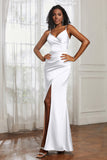 Spaghetti Straps Satin Ruched Formal Evening Dresses with Slit Sheath Prom Party Gowns