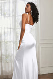 Spaghetti Straps Satin Ruched Formal Evening Dresses with Slit Sheath Prom Party Gowns