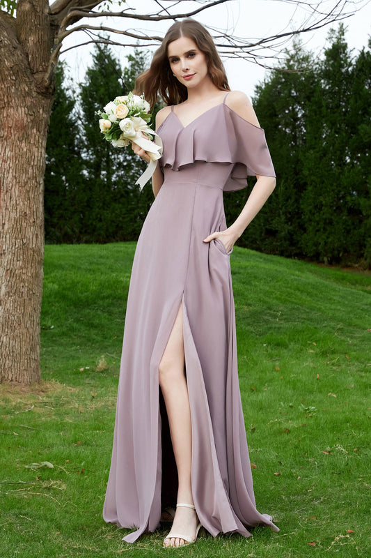 Romance and flirty Chiffon Flutter Sleeves Bridesmaid Dress cold shoulder Formal Evening Dresses