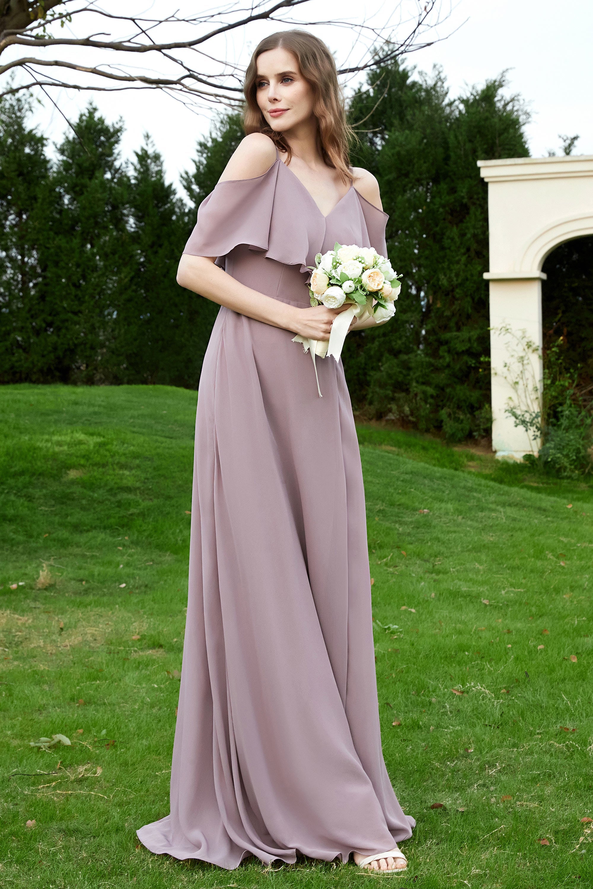Romance and flirty Chiffon Flutter Sleeves Bridesmaid Dress cold shoulder Formal Evening Dresses