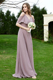 Romance and flirty Chiffon Flutter Sleeves Bridesmaid Dress cold shoulder Formal Evening Dresses