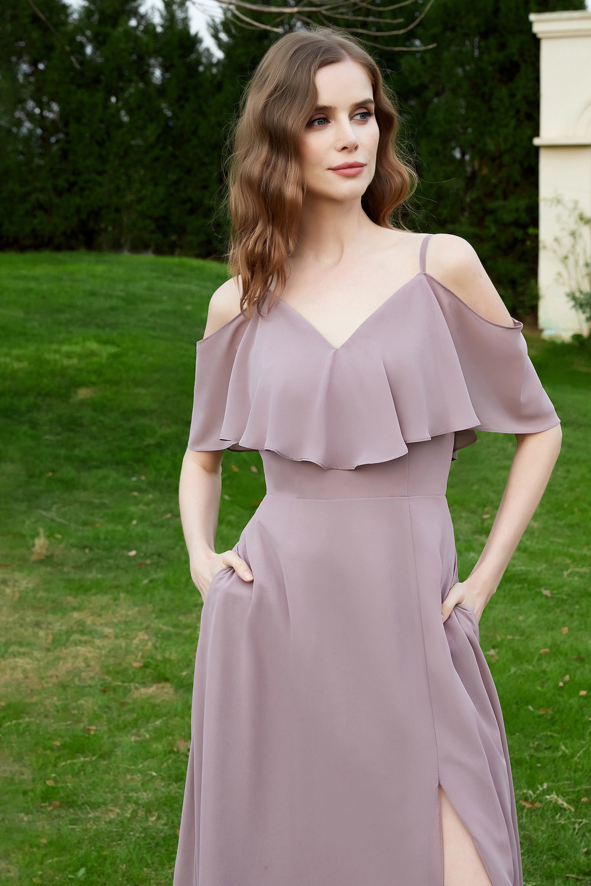 Romance and flirty Chiffon Flutter Sleeves Bridesmaid Dress cold shoulder Formal Evening Dresses
