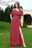 Romance and flirty Chiffon Flutter Sleeves Bridesmaid Dress cold shoulder Formal Evening Dresses