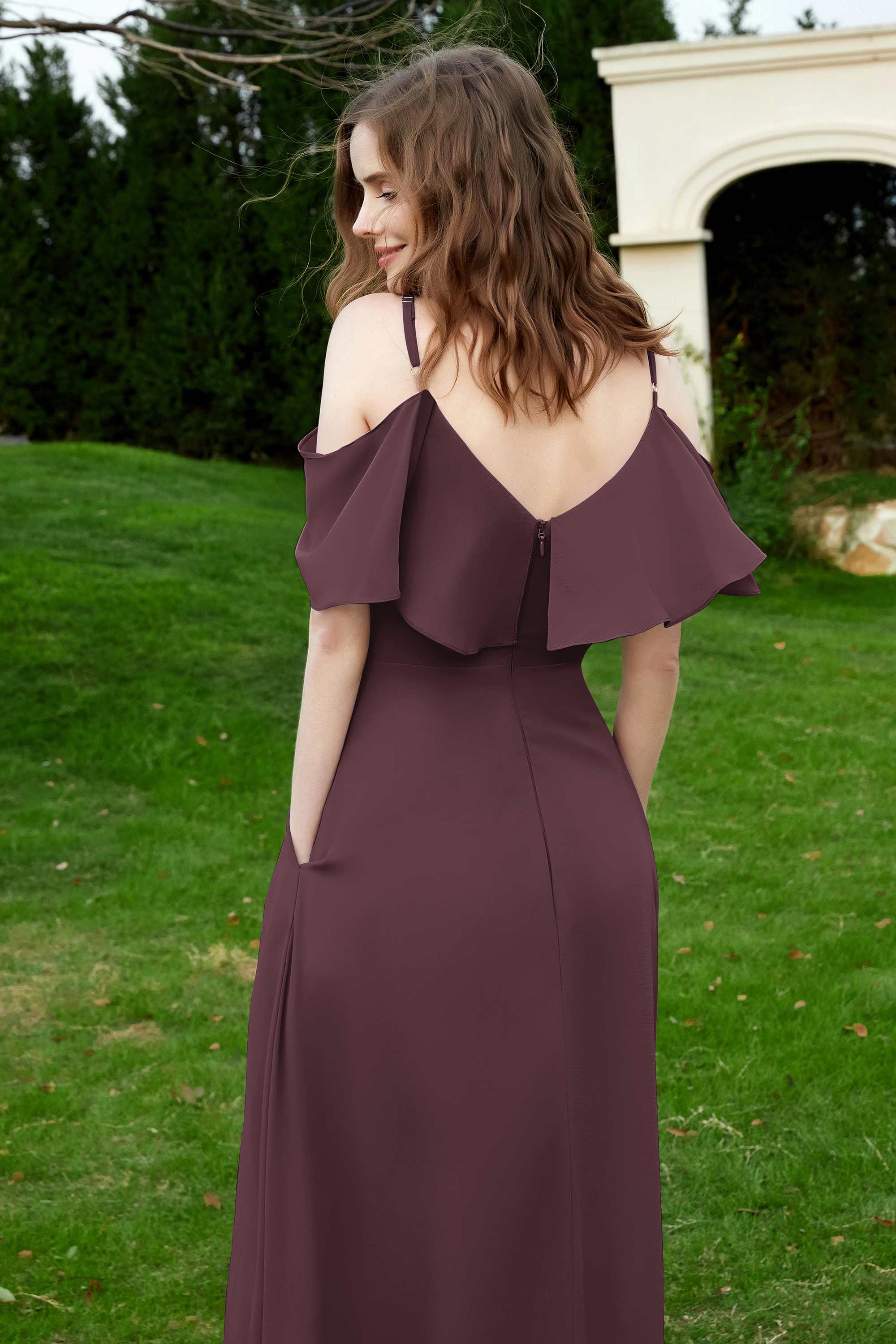 Romance and flirty Chiffon Flutter Sleeves Bridesmaid Dress cold shoulder Formal Evening Dresses