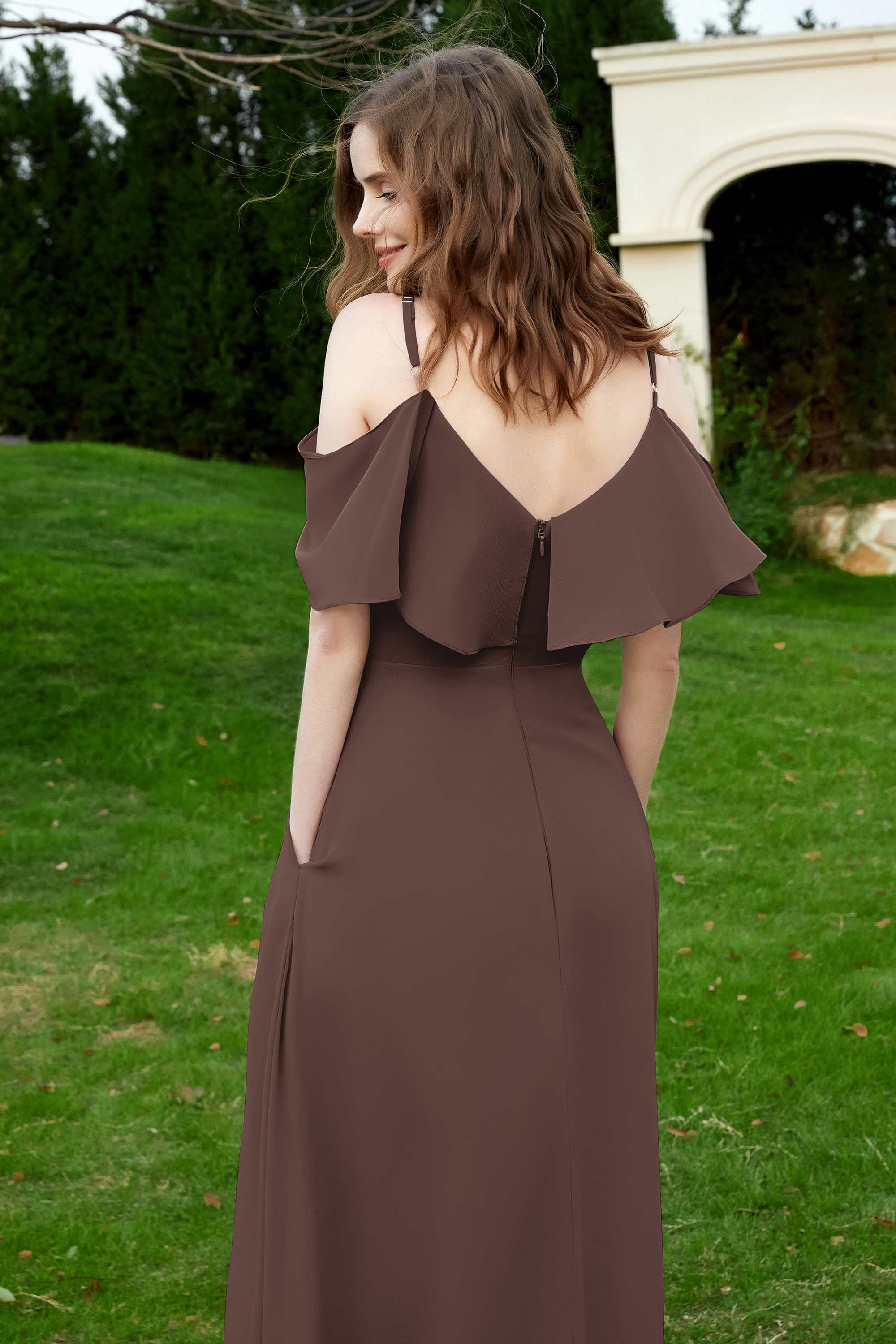 Romance and flirty Chiffon Flutter Sleeves Bridesmaid Dress cold shoulder Formal Evening Dresses