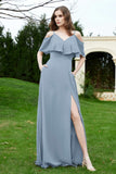 Romance and flirty Chiffon Flutter Sleeves Bridesmaid Dress cold shoulder Formal Evening Dresses