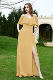 Romance and flirty Chiffon Flutter Sleeves Bridesmaid Dress cold shoulder Formal Evening Dresses