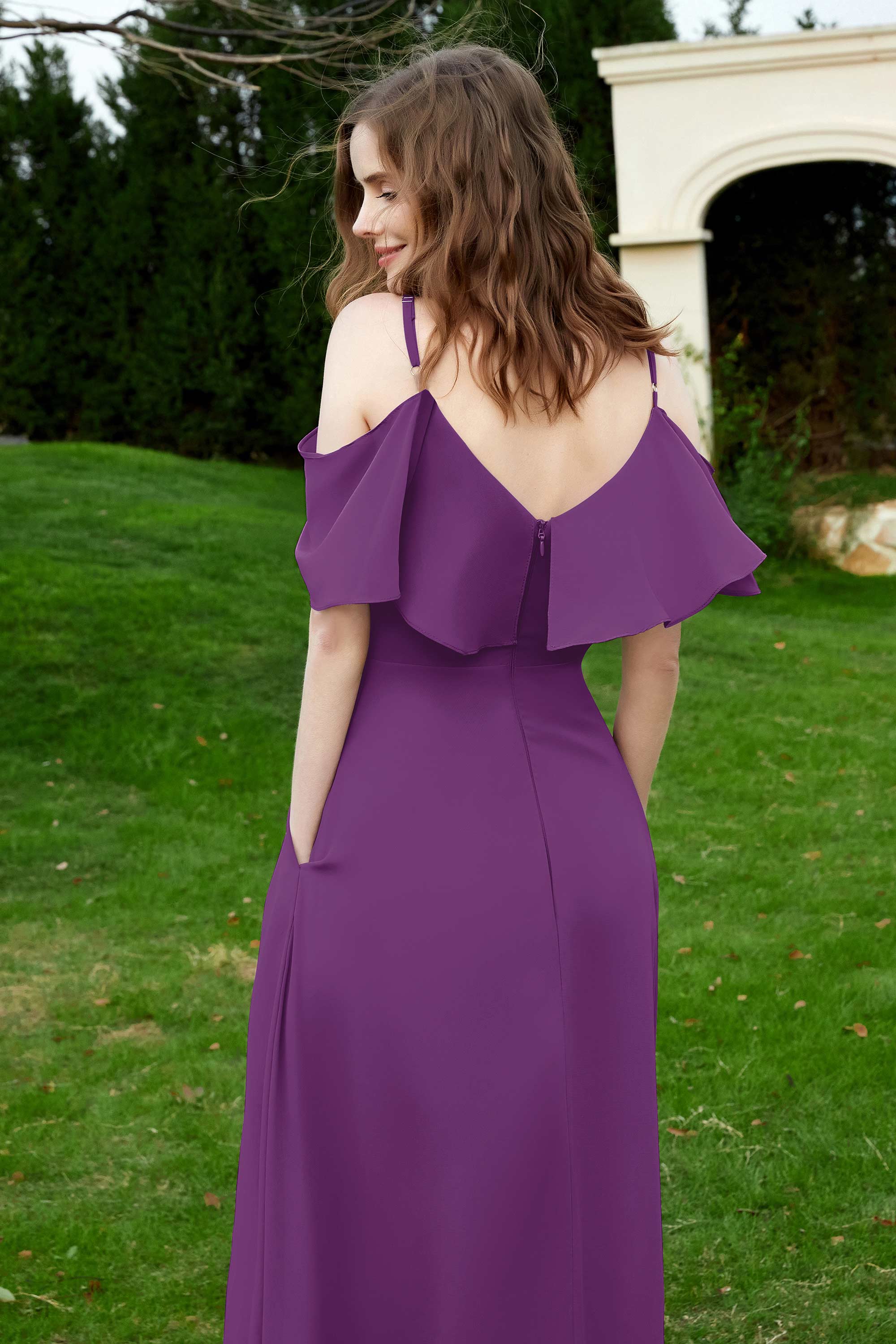 Romance and flirty Chiffon Flutter Sleeves Bridesmaid Dress cold shoulder Formal Evening Dresses