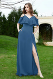 Romance and flirty Chiffon Flutter Sleeves Bridesmaid Dress cold shoulder Formal Evening Dresses