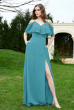 Romance and flirty Chiffon Flutter Sleeves Bridesmaid Dress cold shoulder Formal Evening Dresses