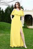 Romance and flirty Chiffon Flutter Sleeves Bridesmaid Dress cold shoulder Formal Evening Dresses