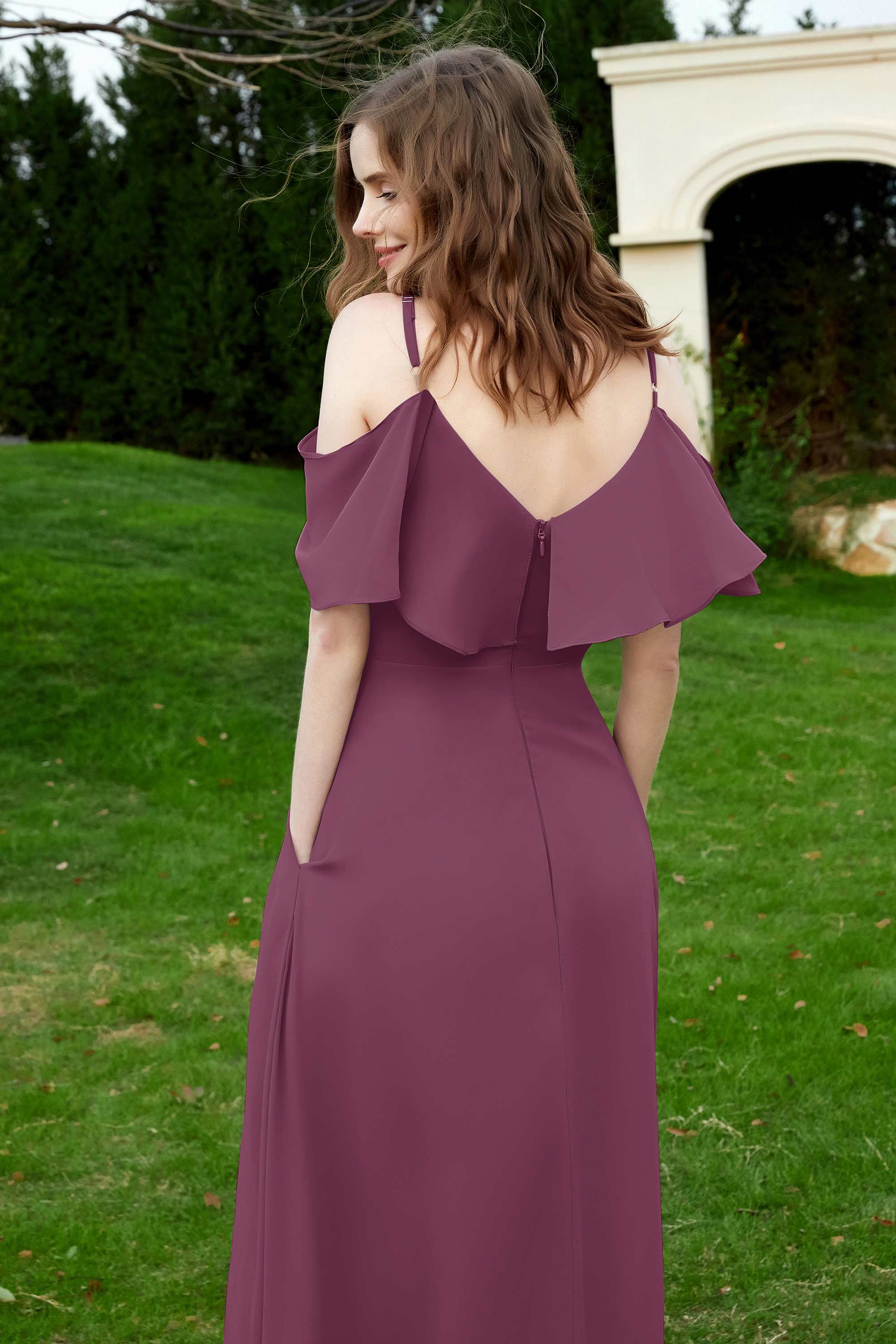 Romance and flirty Chiffon Flutter Sleeves Bridesmaid Dress cold shoulder Formal Evening Dresses