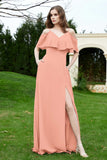Romance and flirty Chiffon Flutter Sleeves Bridesmaid Dress cold shoulder Formal Evening Dresses