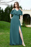 Romance and flirty Chiffon Flutter Sleeves Bridesmaid Dress cold shoulder Formal Evening Dresses