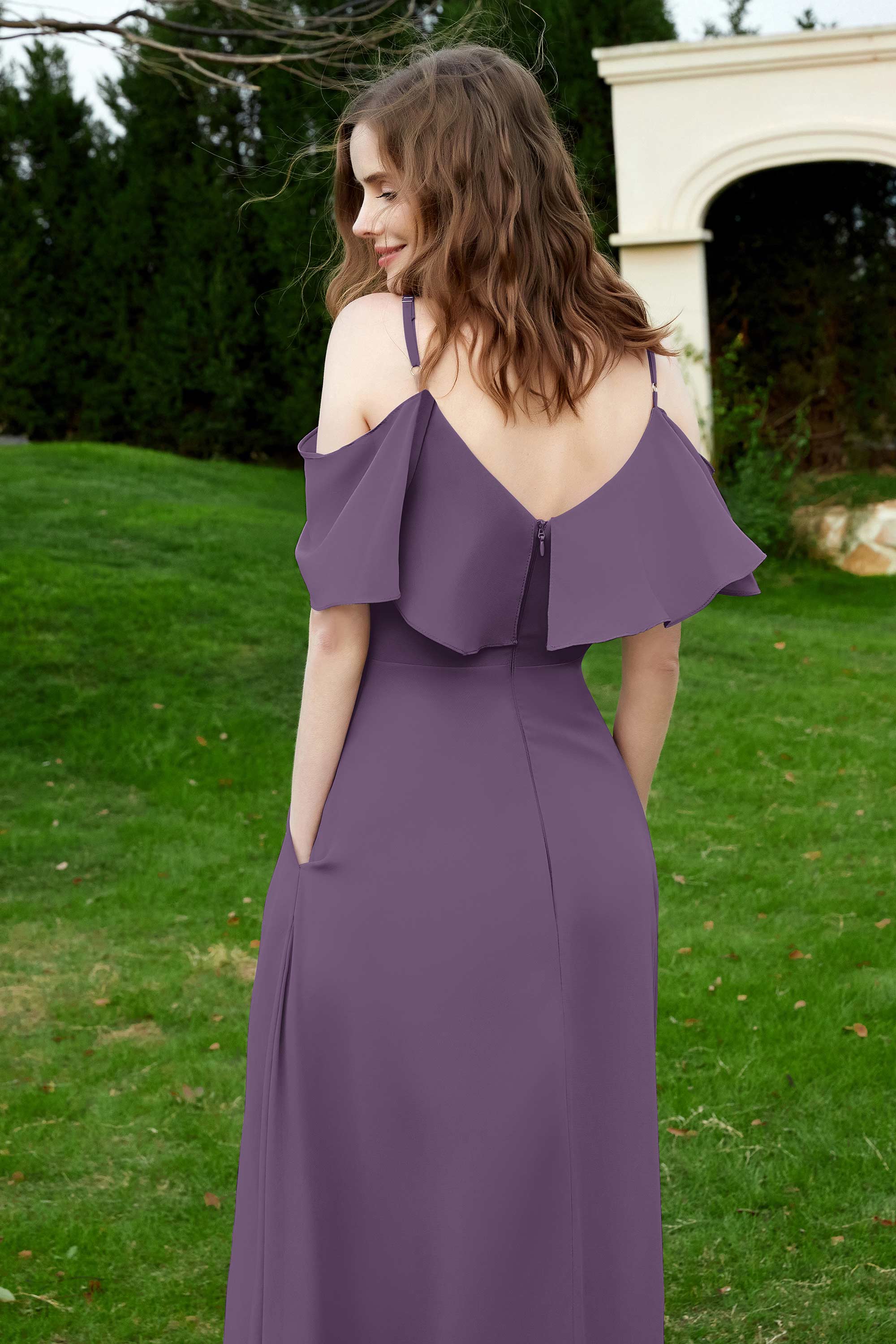 Romance and flirty Chiffon Flutter Sleeves Bridesmaid Dress cold shoulder Formal Evening Dresses