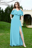 Romance and flirty Chiffon Flutter Sleeves Bridesmaid Dress cold shoulder Formal Evening Dresses