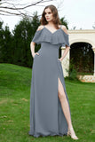 Romance and flirty Chiffon Flutter Sleeves Bridesmaid Dress cold shoulder Formal Evening Dresses