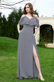Romance and flirty Chiffon Flutter Sleeves Bridesmaid Dress cold shoulder Formal Evening Dresses