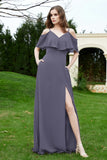 Romance and flirty Chiffon Flutter Sleeves Bridesmaid Dress cold shoulder Formal Evening Dresses