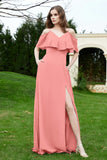 Romance and flirty Chiffon Flutter Sleeves Bridesmaid Dress cold shoulder Formal Evening Dresses