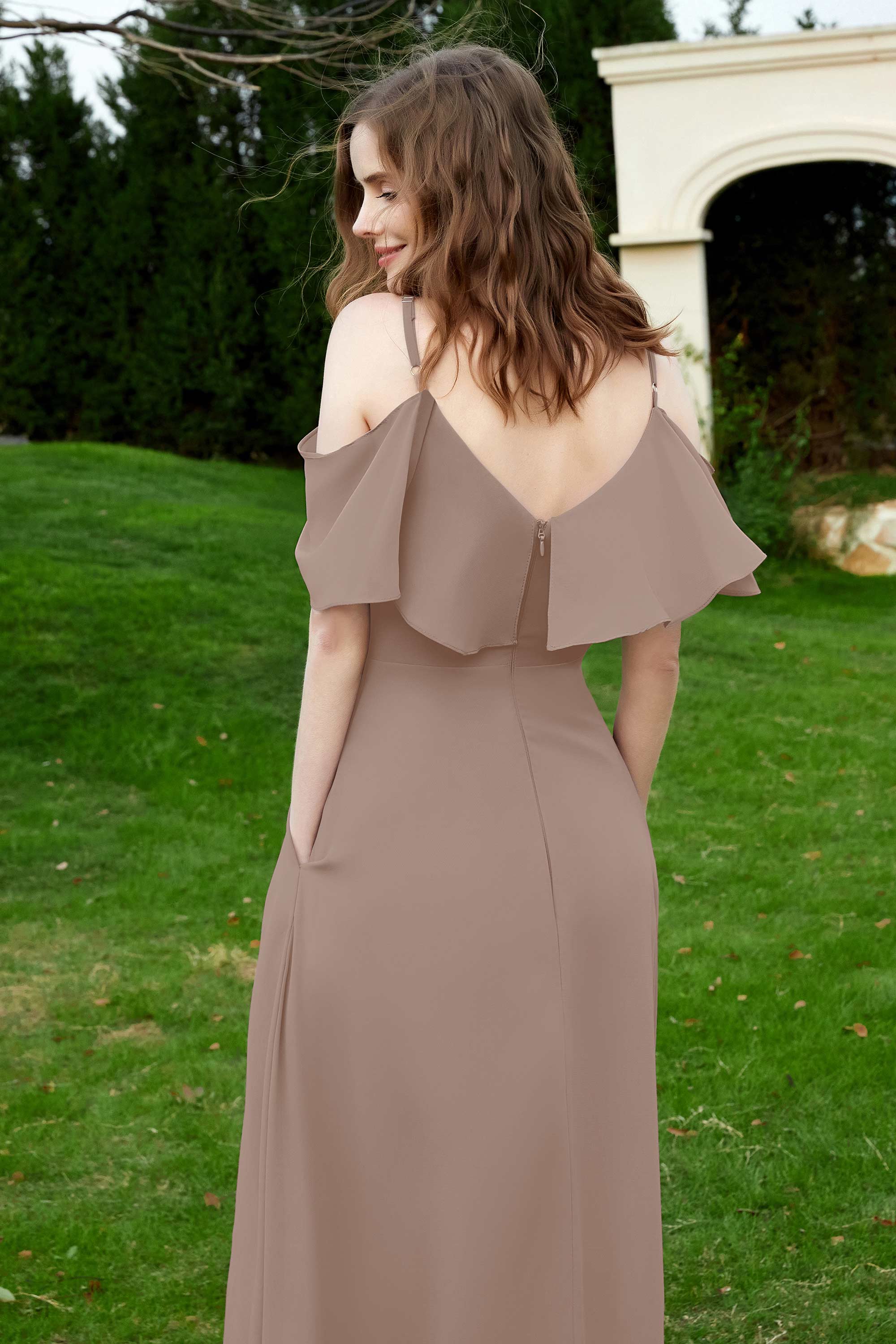 Romance and flirty Chiffon Flutter Sleeves Bridesmaid Dress cold shoulder Formal Evening Dresses
