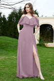 Romance and flirty Chiffon Flutter Sleeves Bridesmaid Dress cold shoulder Formal Evening Dresses
