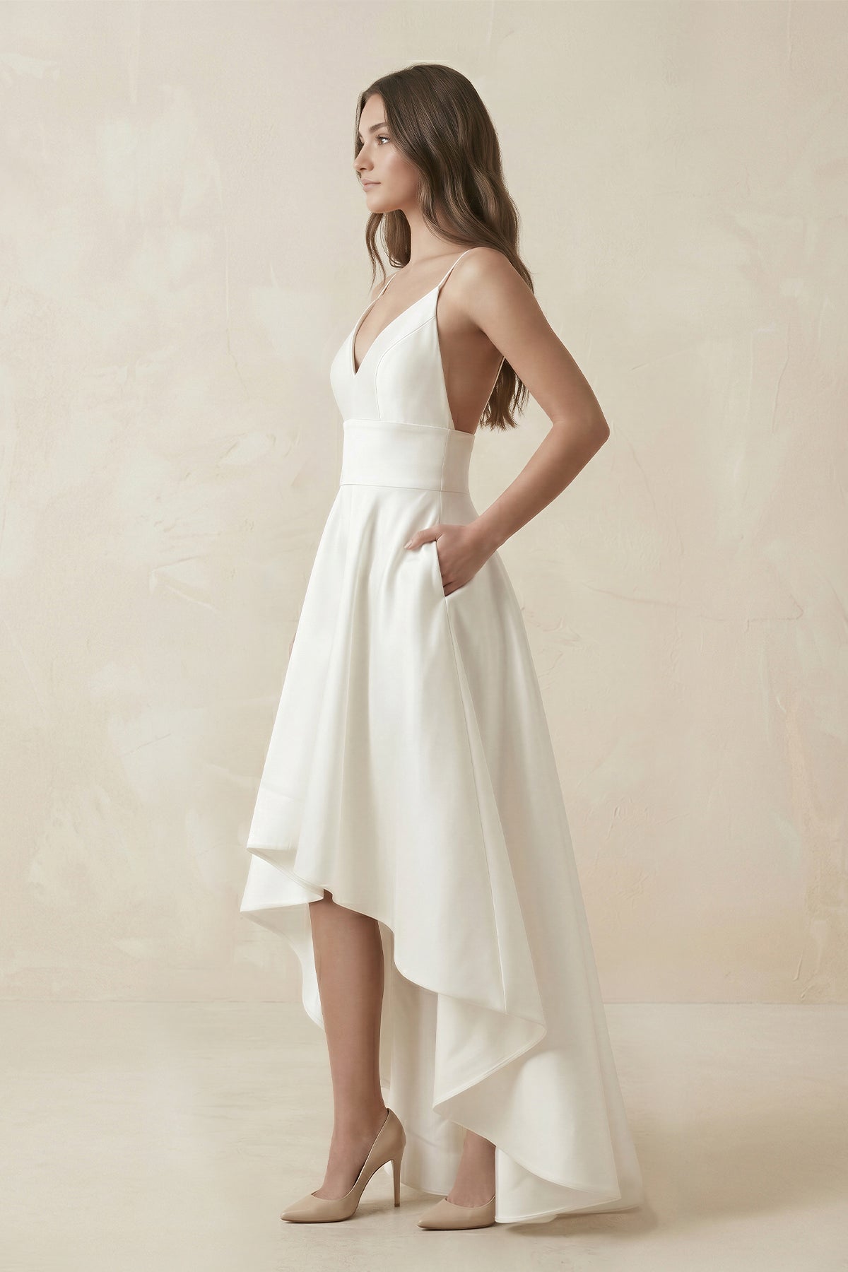 Simple High-low Spaghetti Straps Beach Wedding Dress With Ruching