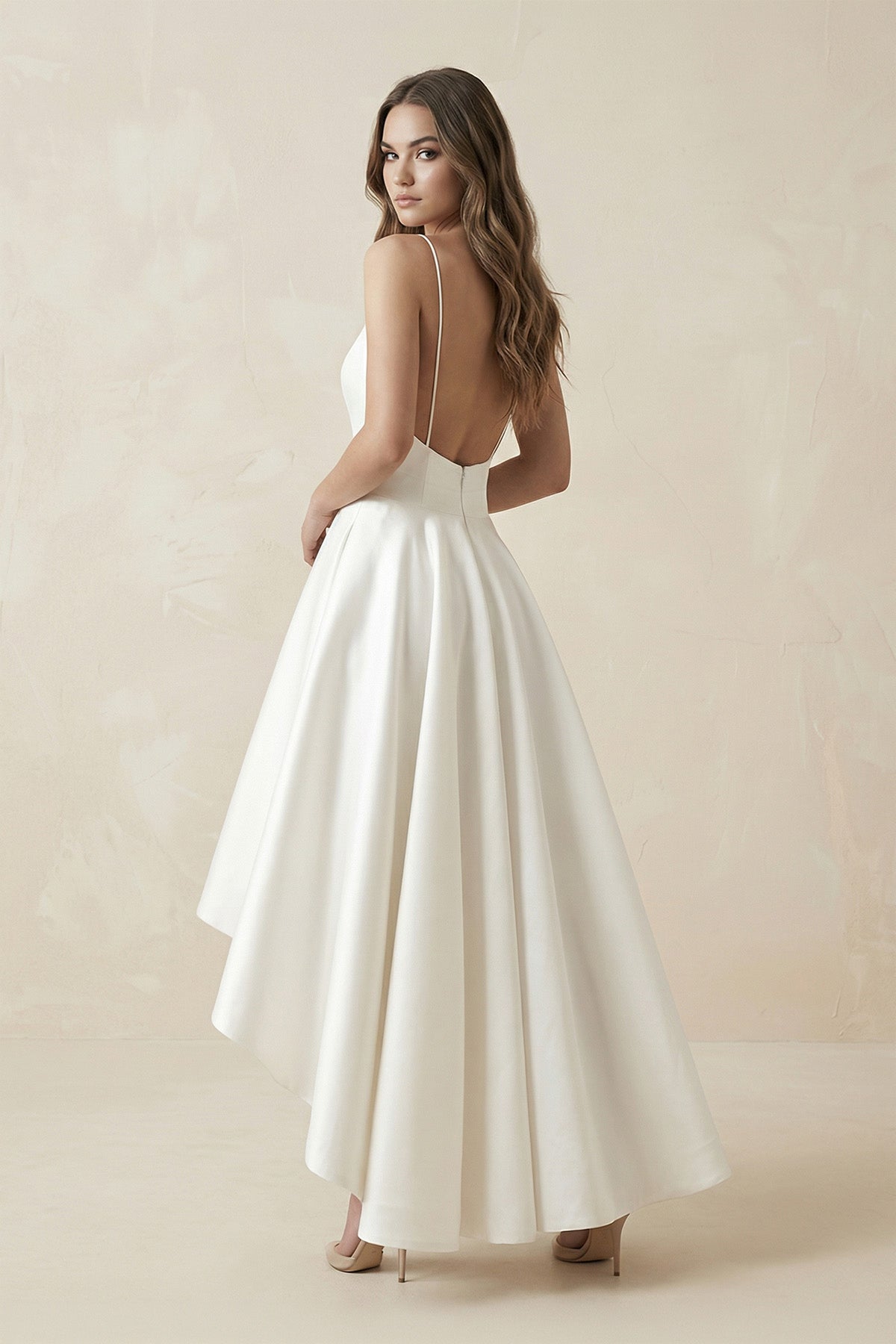 Simple High-low Spaghetti Straps Beach Wedding Dress With Ruching