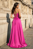 A Line Black Strapless Satin Prom Dresses With Slit