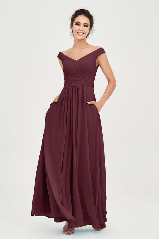 Cinched Cummerbund waistband figure-flattering Chiffon Bridesmaid Dress with Pockets Evening Prom Dresses