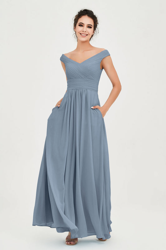Cinched Cummerbund waistband figure-flattering Chiffon Bridesmaid Dress with Pockets Evening Prom Dresses