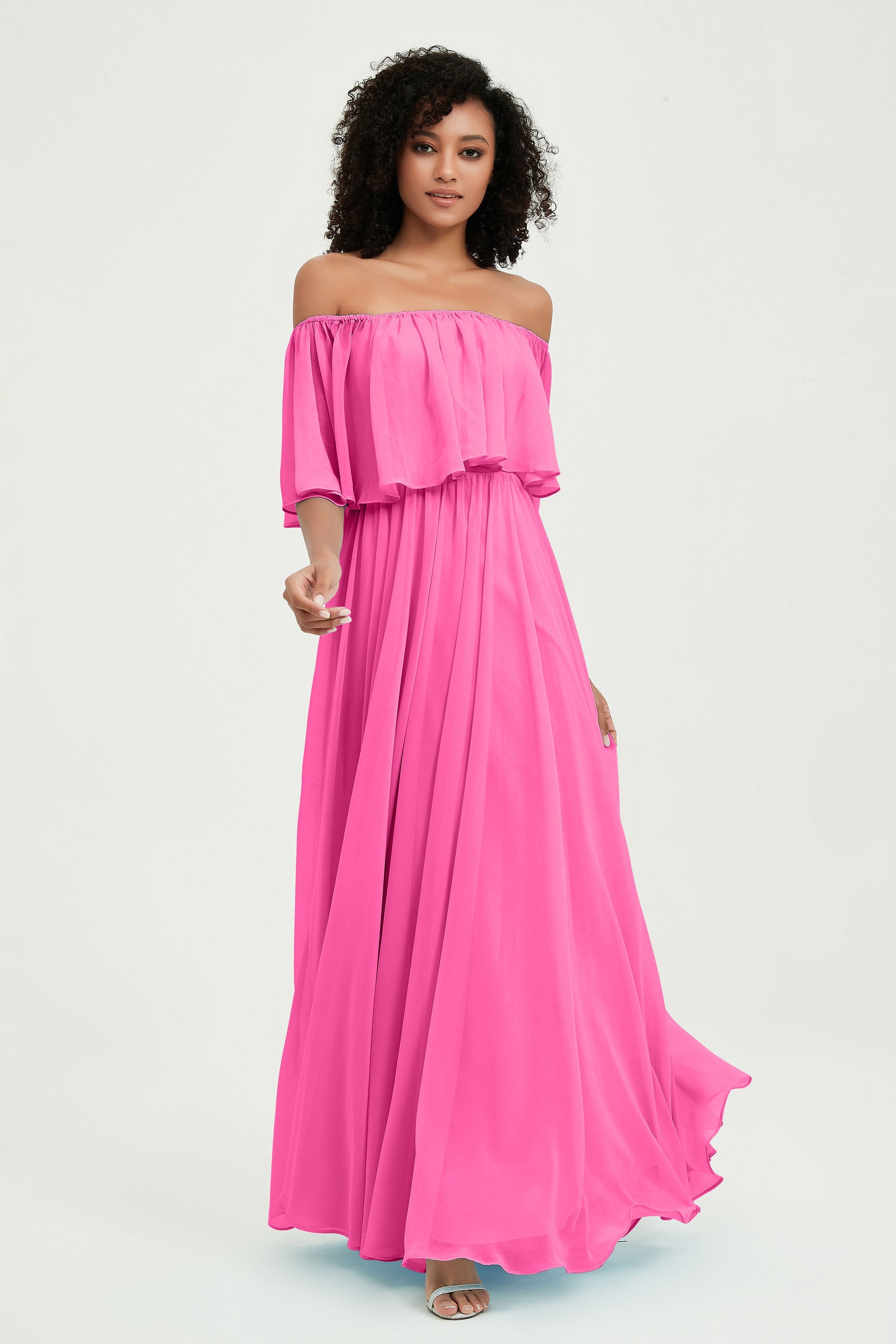 Boho Bridesmaid Dresses Ruffles Flutter Sleeves Formal Evening Dress Chiffon Off the Shoulder Gowns