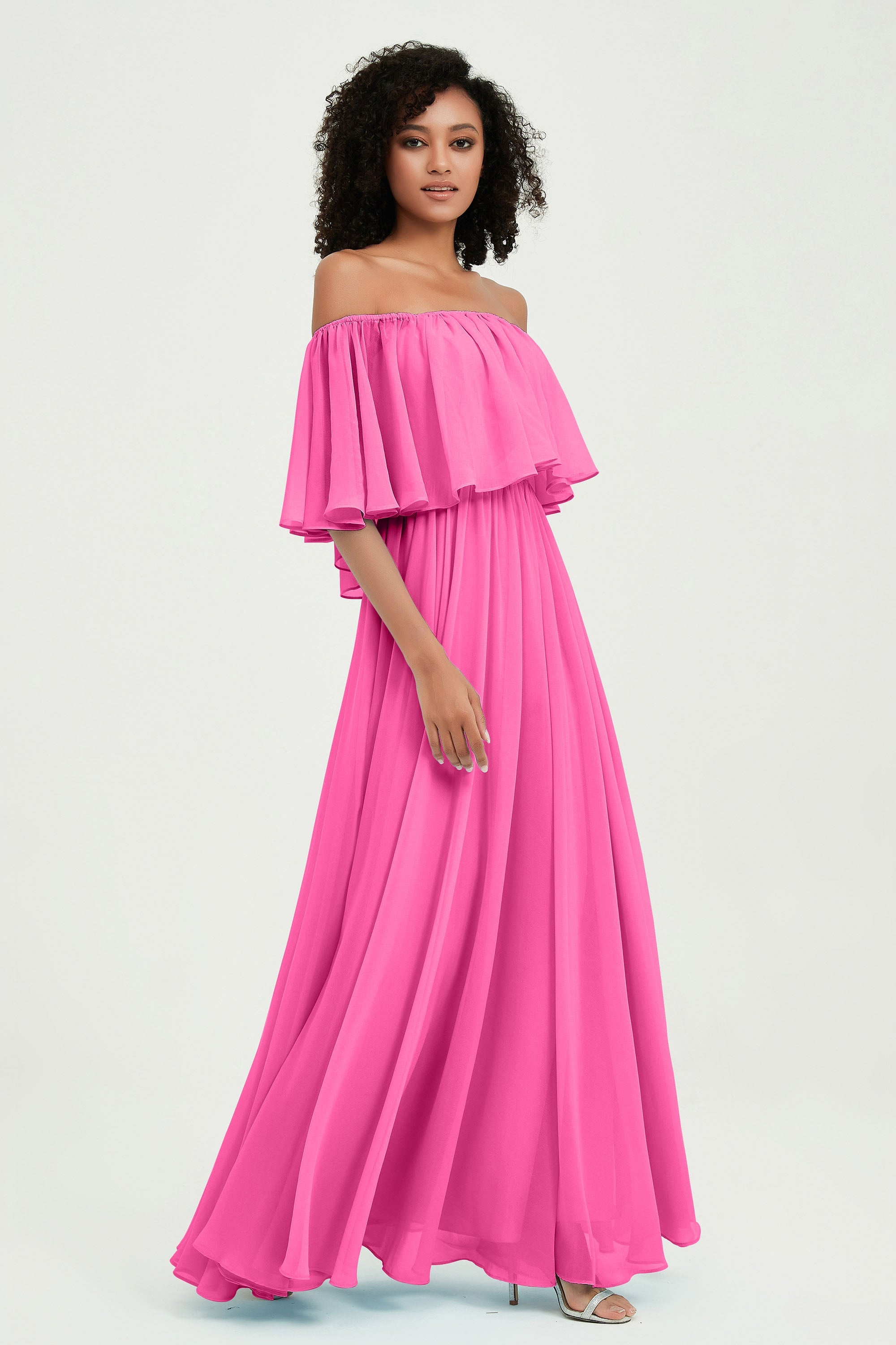 Boho Bridesmaid Dresses Ruffles Flutter Sleeves Formal Evening Dress Chiffon Off the Shoulder Gowns