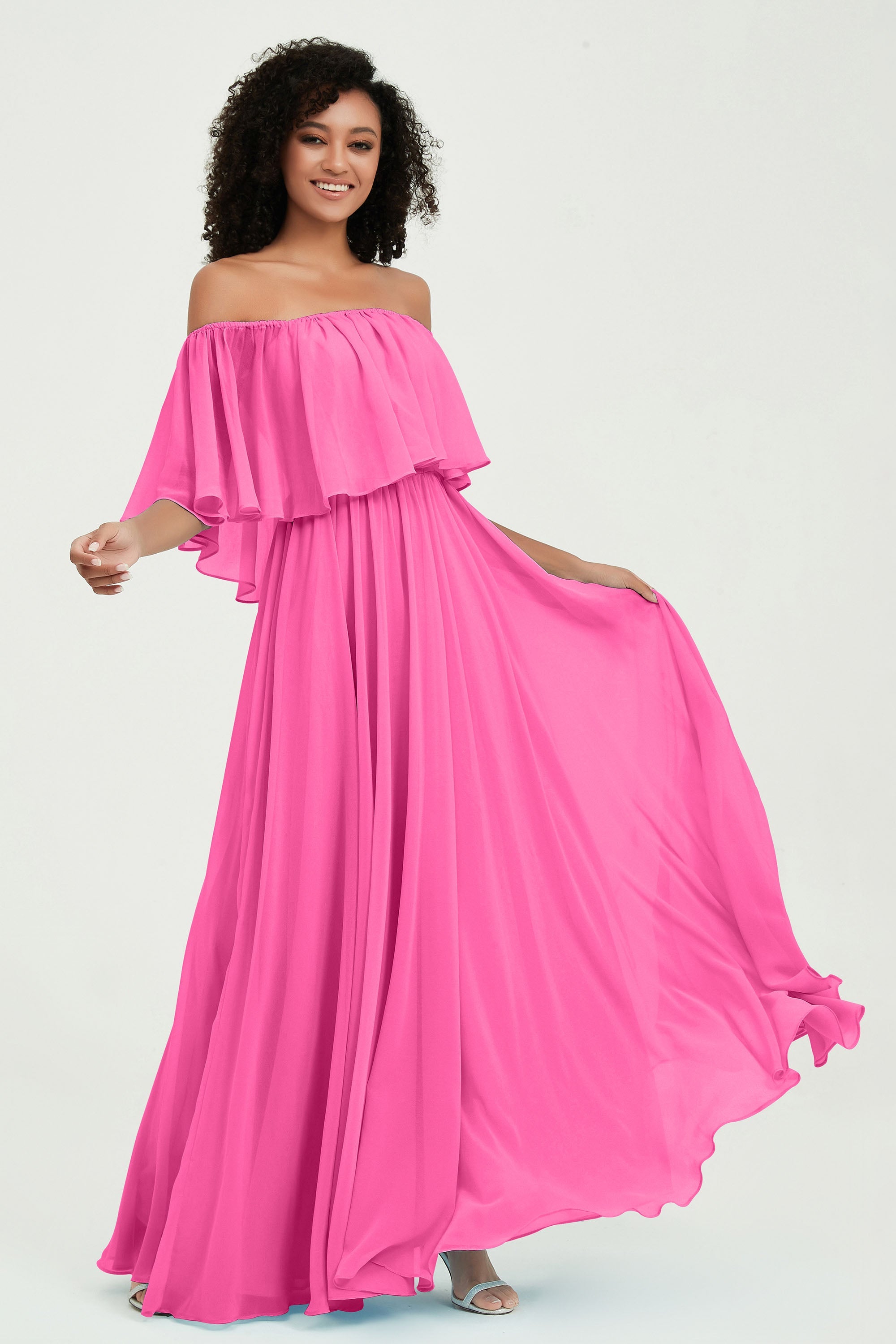 Boho Bridesmaid Dresses Ruffles Flutter Sleeves Formal Evening Dress Chiffon Off the Shoulder Gowns