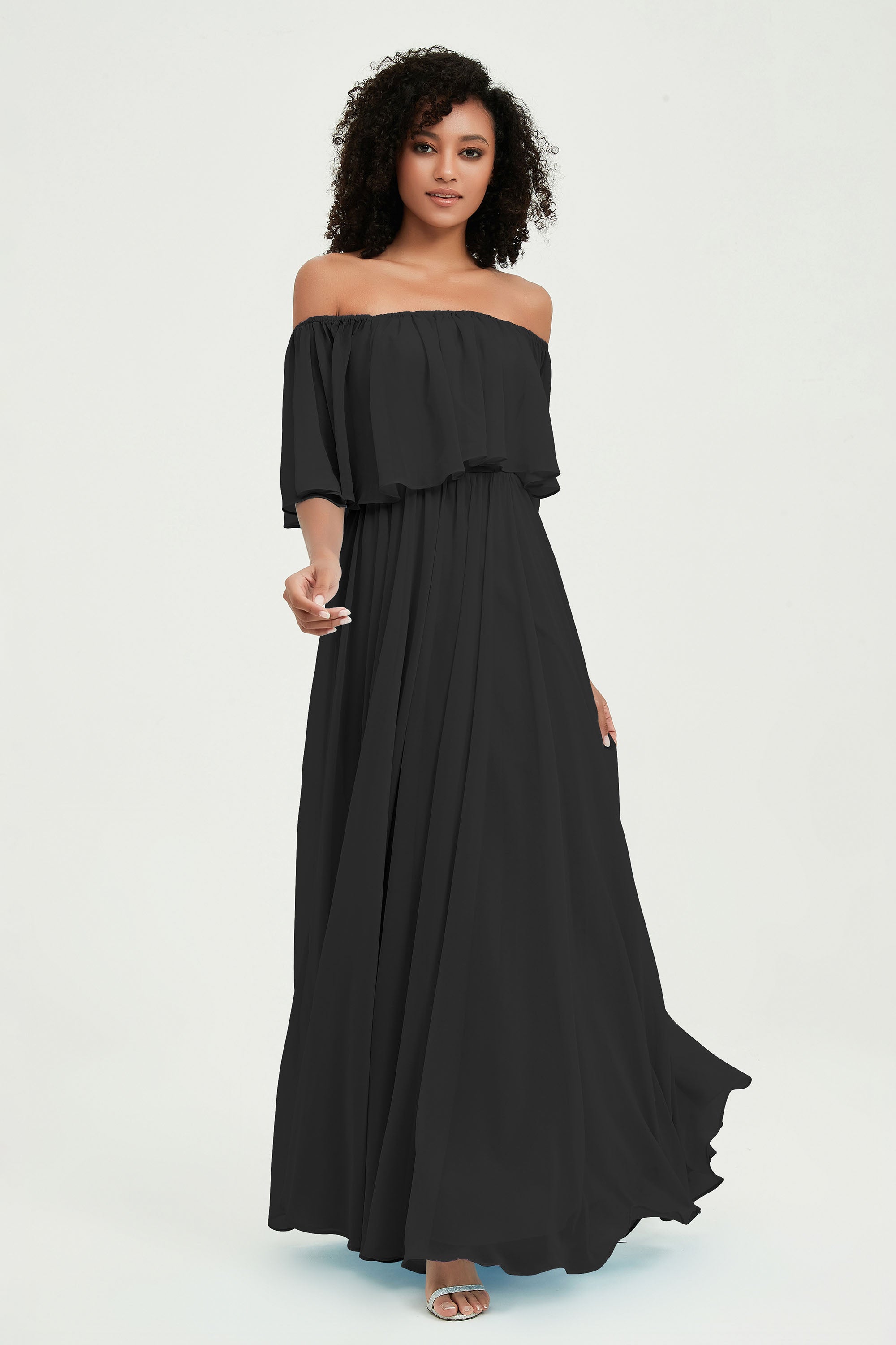 Boho Bridesmaid Dresses Ruffles Flutter Sleeves Formal Evening Dress Chiffon Off the Shoulder Gowns