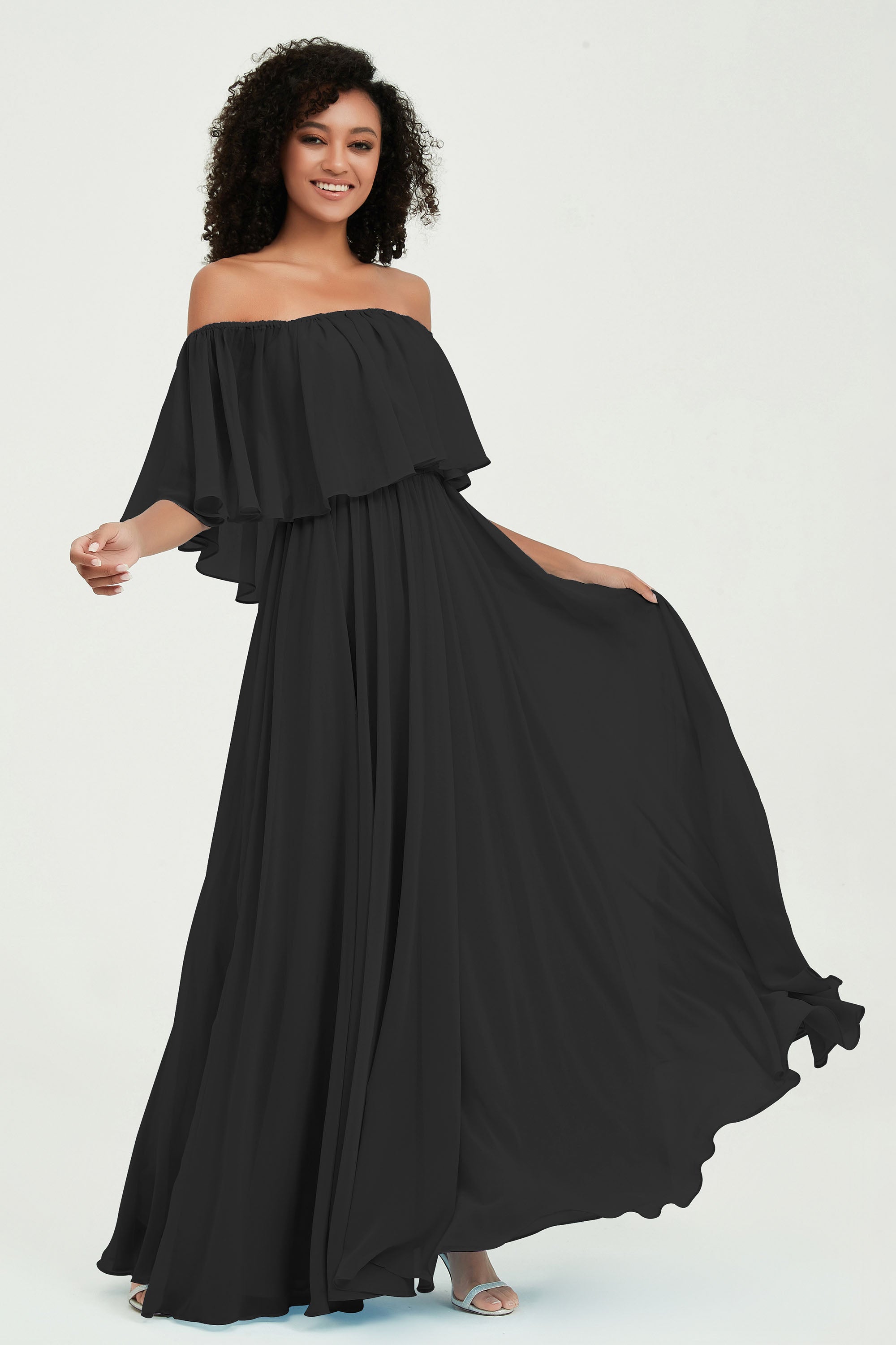 Boho Bridesmaid Dresses Ruffles Flutter Sleeves Formal Evening Dress Chiffon Off the Shoulder Gowns